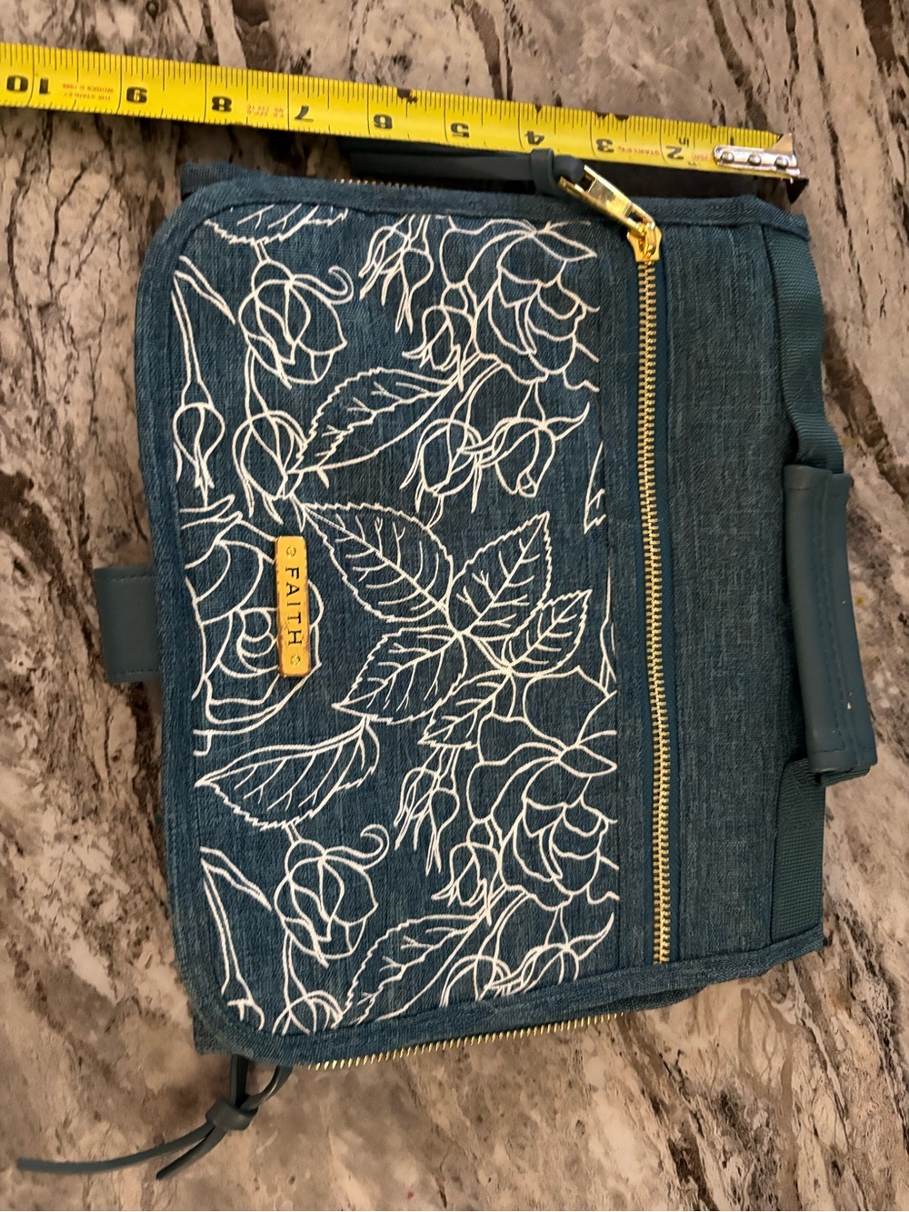 FAITH blue Floral trifold bible Pouch/case/cover with Gold Zipper